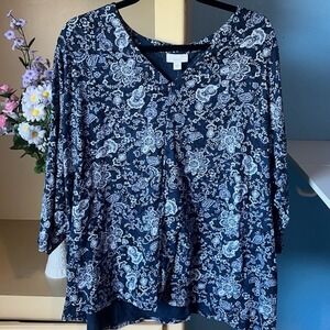 PureJill‎ Womens 3/4 Sleeve 3X Blue Floral Paisley Tunic Stretch Mature Bohemian